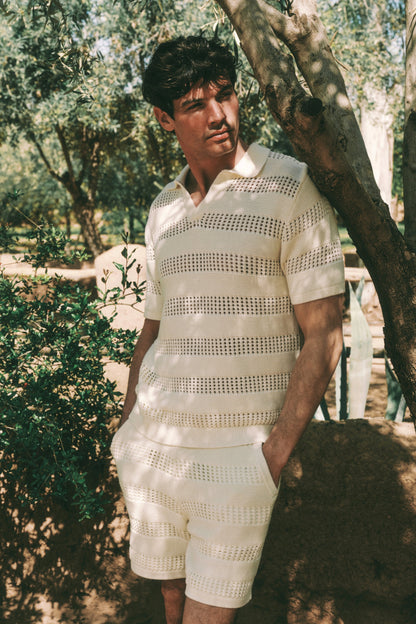 Frattina Crochet Cotton Knit Polo - Ecru
