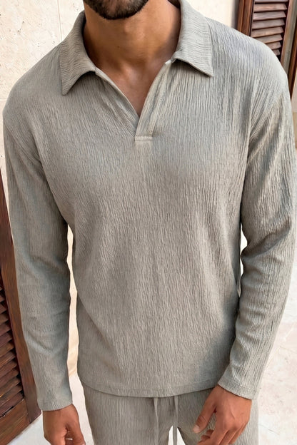 Arty Long Sleeve Open Collar Polo - Mushroom
