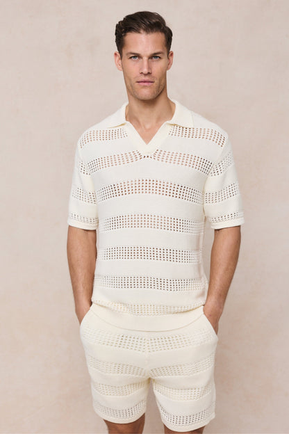 Frattina Crochet Cotton Knit Polo - Ecru