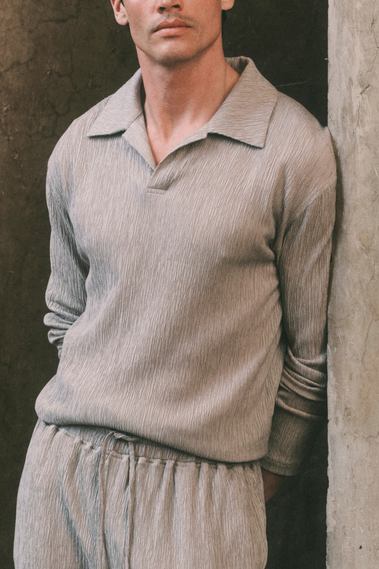 Arty Long Sleeve Open Collar Polo - Mushroom