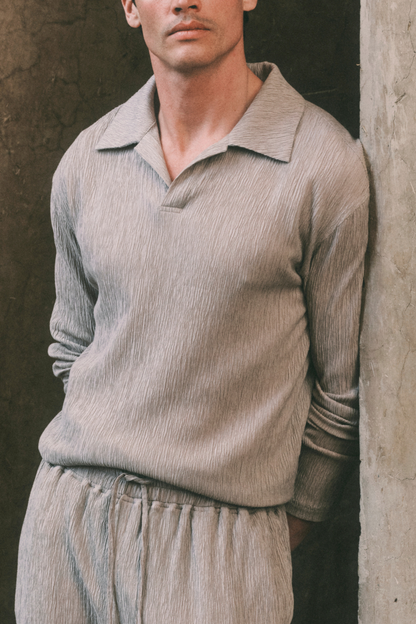 Arty Long Sleeve Open Collar Polo - Mushroom